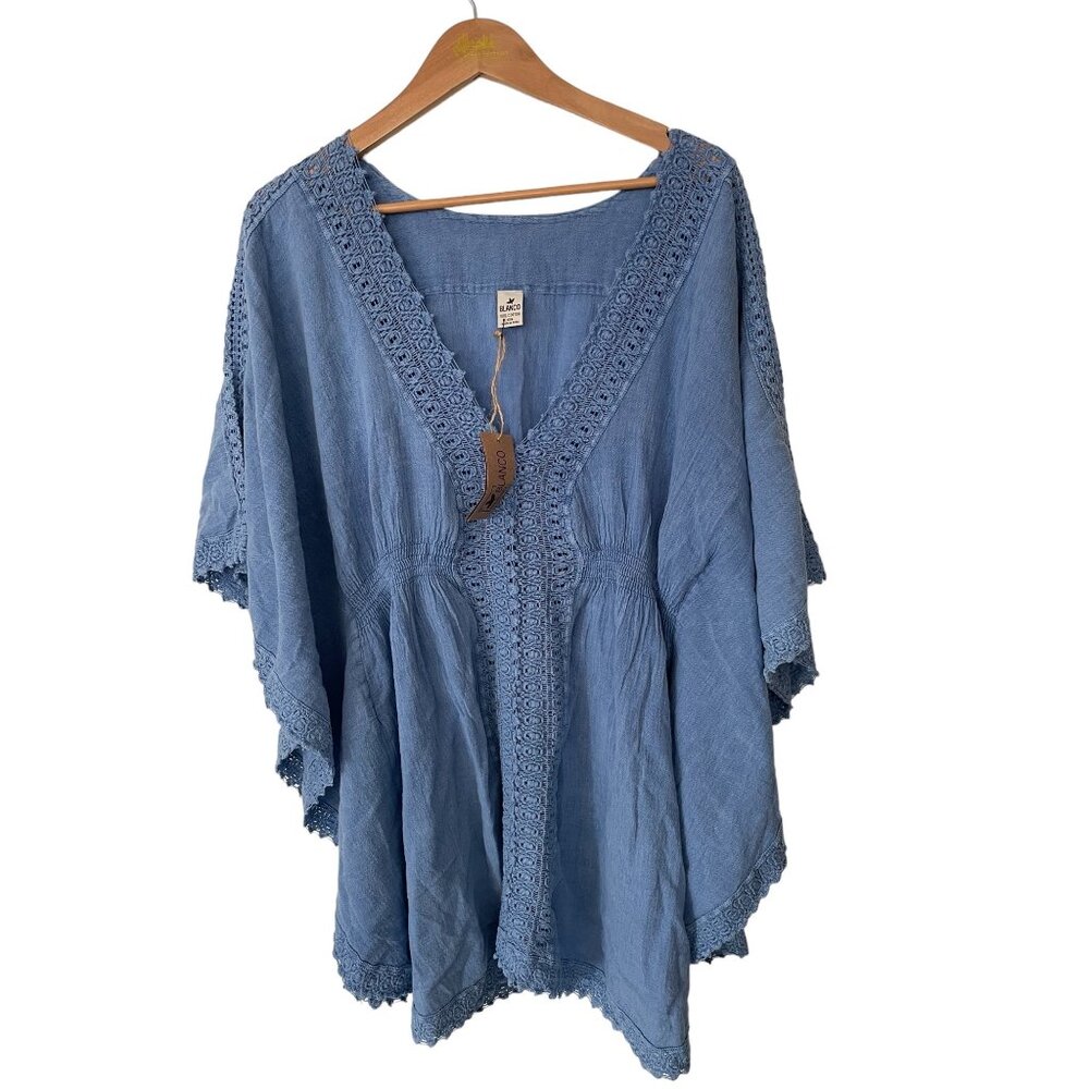 NWT Blanco Peru Blue Crochet Trim Cotton Swim Coverup